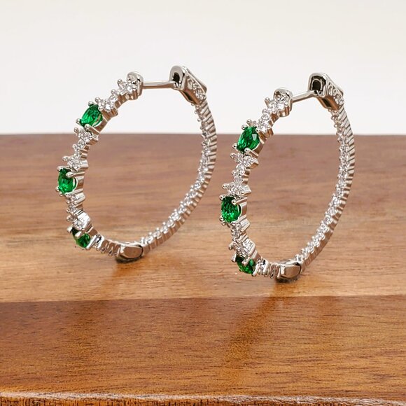 925 Sterling Silver Womens 1ct Diamond 2ct Green Emerald Gemstone Hoop Earrings - Picture 4 of 5
